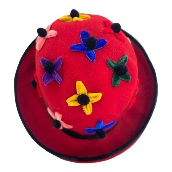 Whittaker & Shon 100% Doeskin Wool Red Felt‎ Hat Velvet Flowers Made In USA - Picture 2 of 15
